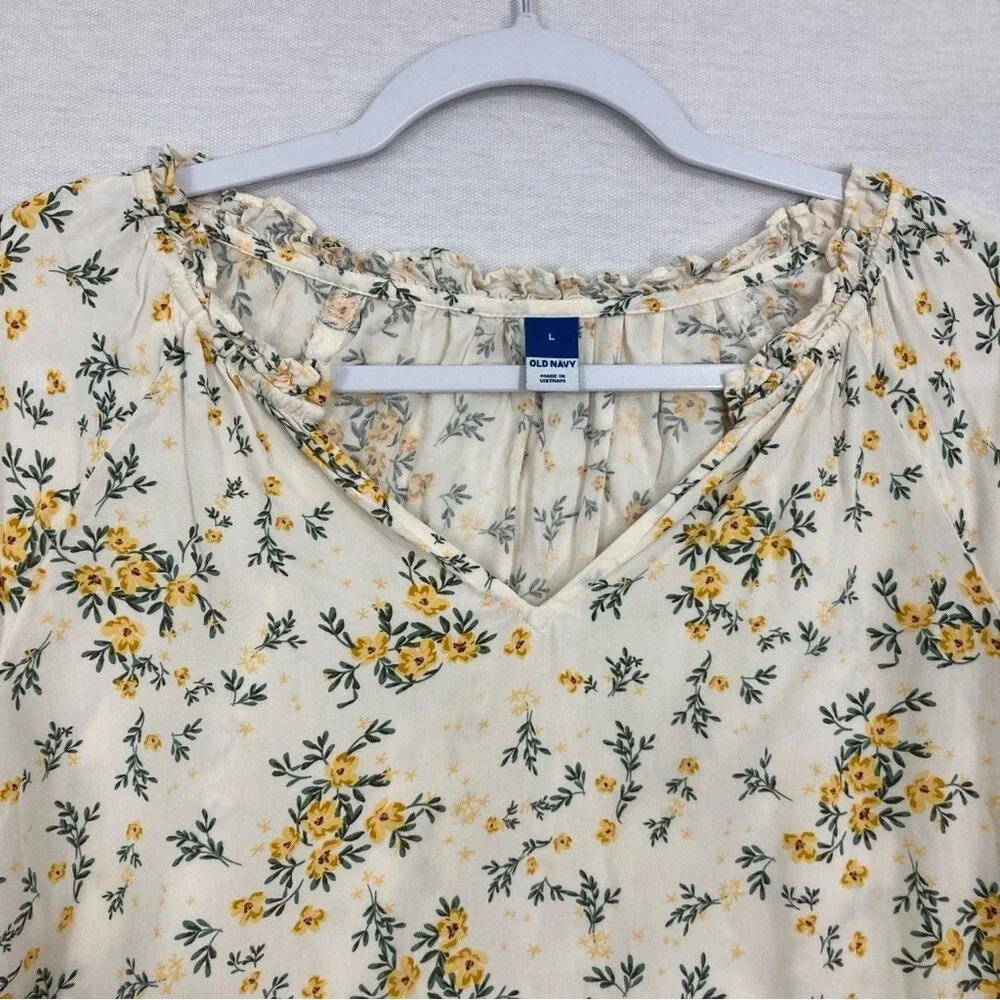 Old Navy Ditsy Floral V Neck‎ Ultra Soft Rayon Puff Sleeve Pullover Top Large
